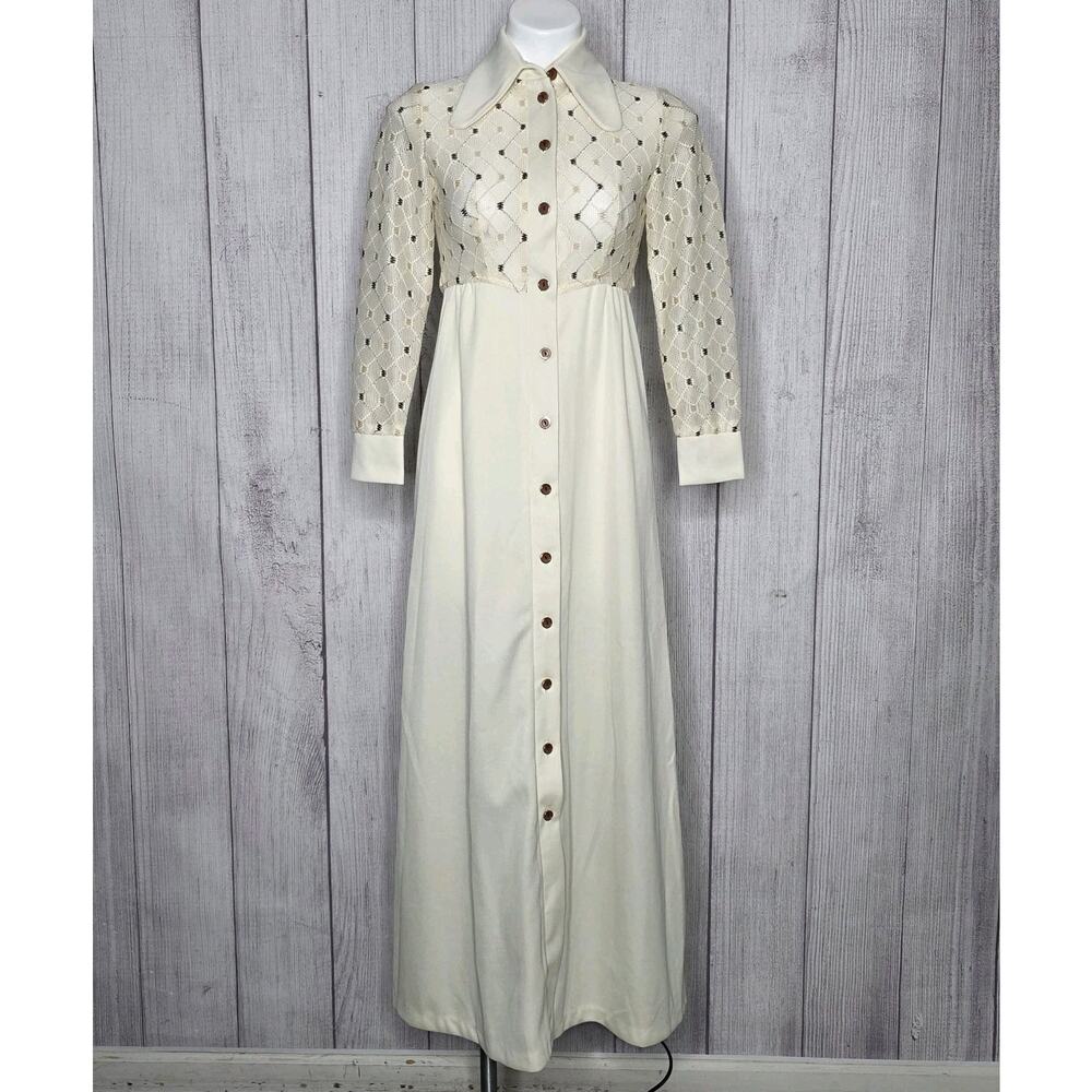 Vintage 70s Cream Lace Maxi Dress Empire Waist Dagger Collar, sz 7